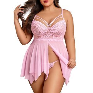 6670 Plus Size Lingerie Sexy Lace Babydoll Lingerie V Neck Babydoll Pink